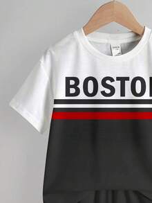 SHEIN Conjunto de camiseta casual simple para niño, estampado de bloque de color clásico, estampado gráfico con texto de Boston, adecuado para deportes - Multicolor - Ver 4