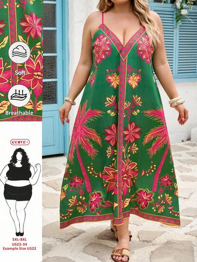 SHEIN CURVE+ Plus Size Women Casual Printed Dress, Suitable For Vacation, Beach Wear, Carnival Costume, Wedding Guest Dress, Birthday Dress, Party Dress, Mexican Style Dress, Bohemian Style Dress