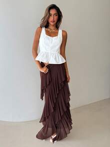 Aloruh Chân váy đi biển xếp tầng họa tiết hoa, chất liệu chiffon thanh lịch, vạt bất đối xứng, thích hợp cho kỳ nghỉ hè. - màu nâu - Xem 3
