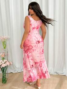 GalTyme 大码优雅印花垂褶领无袖连衣裙，夏季 - 粉色 - 查看 2