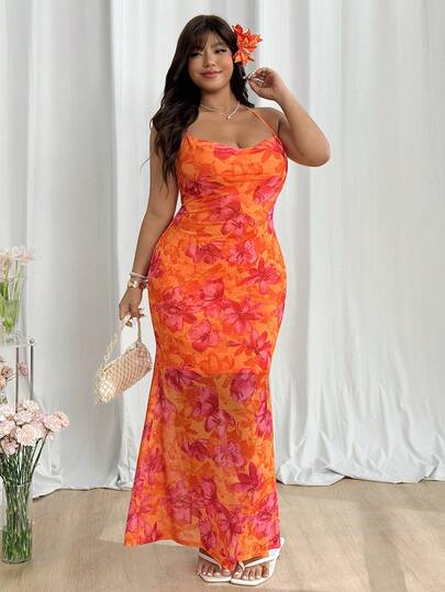 GalTyme Plus Size Floral Print Draped Fitted Camisole Dress