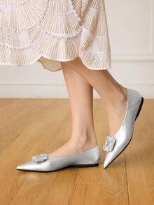 CUCCOO HITCHD Pointed Toe, Low Vamp, Rhinestone Square Buckle, Flat Bottom, Comfortable And Versatile, Fashionable Soft Sole, Elegant Fairy, Shoes, Silver Women's Shoes. - Silver - View 6