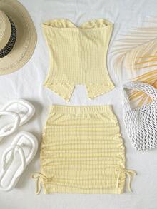 SHEIN Tween Girl Casual Everyday Matching Comfortable Asymmetrical Hem Top And Skirt Set - Yellow - View 2