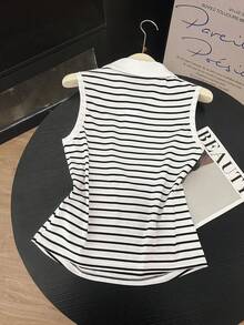 Resyla 女士夏季休闲运动通勤刺绣条纹印花高领背心 - 白色 - 查看 2