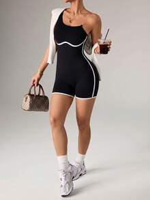Dewbera Seamless Sports Yoga One-Piece Shorts/White Stripes/Body-Hugging/Fashionable Sexy/Versatile/Comfortable/Fitness/Outdoor Running Sports Outfits For Women Sports Romper Gym Dresses Gym Rompers For Women Gym Outfit For Women Jumpsuit Athletic Rompers For Women Sport Dress For Women Tummy Control Romper - Black - View 3