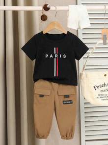 男/女婴可爱休闲字母印花宽松短袖T恤和工装裤套装，带大口袋，适合春、夏、秋季穿着。 - 彩色 - 查看 3