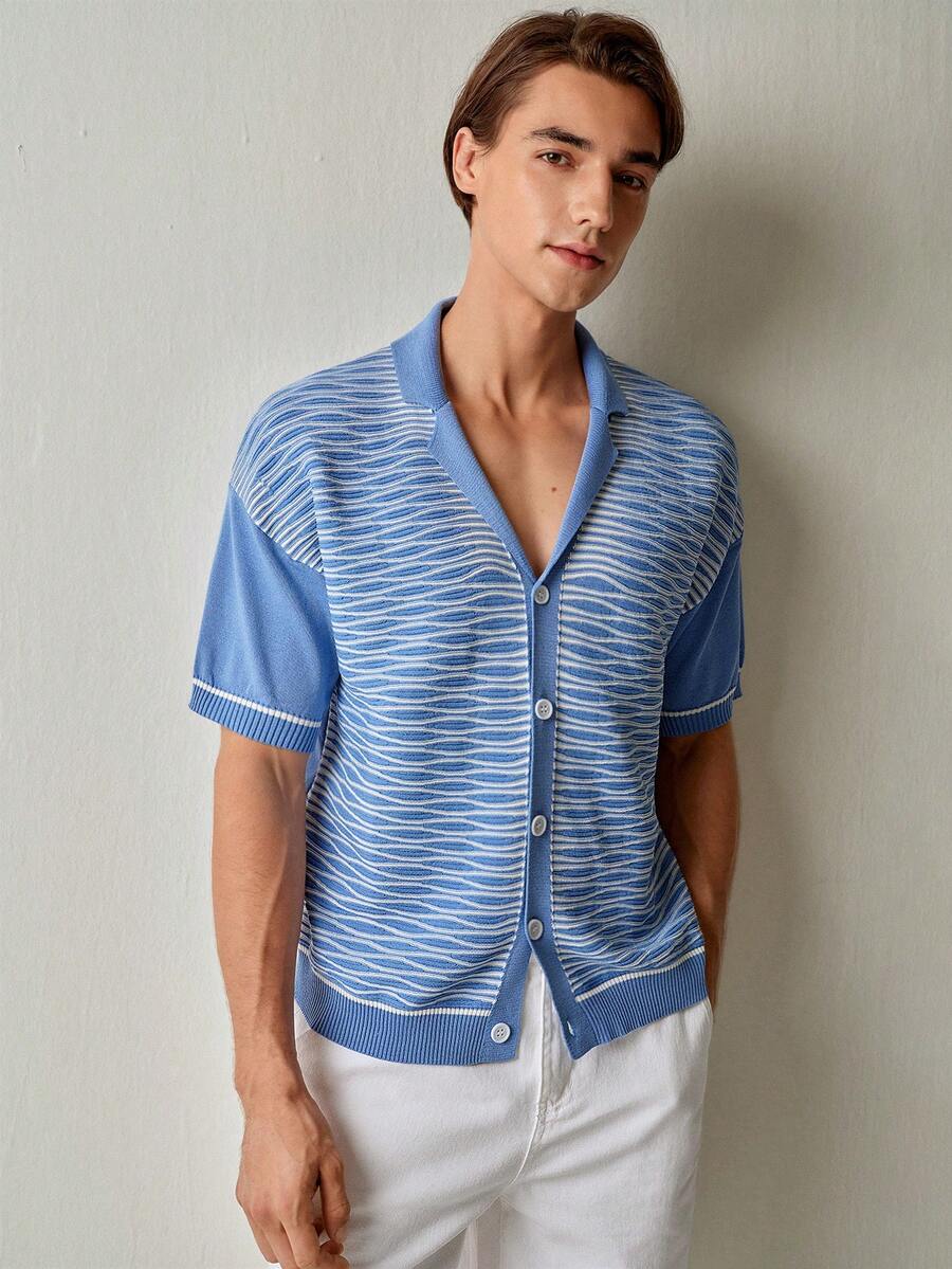 RONVEXI Men's Casual Vacation Graphic Pattern Dropped Shoulder Loose Single-Breasted Cardigan Sweater, Summer - Multicolor - View 1