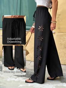 SHEIN Tall Pantalones largos de unicolor, casuales y con diseño calado para vacaciones, color negro de invierno para mujer - Negro - Ver 13