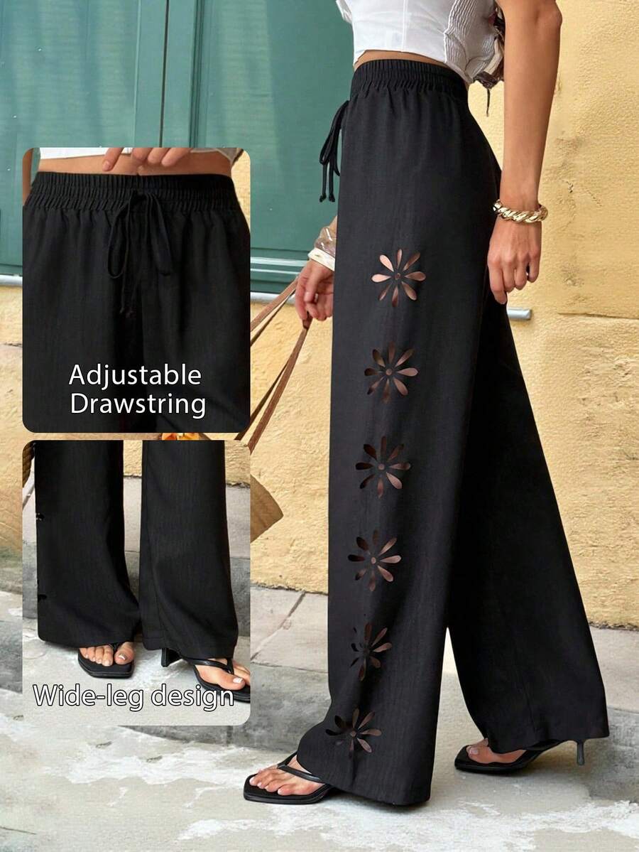 SHEIN Tall Women's Plain Black Woven Fabric Pants With Floral Cutout Detail Straight Leg And Pockets