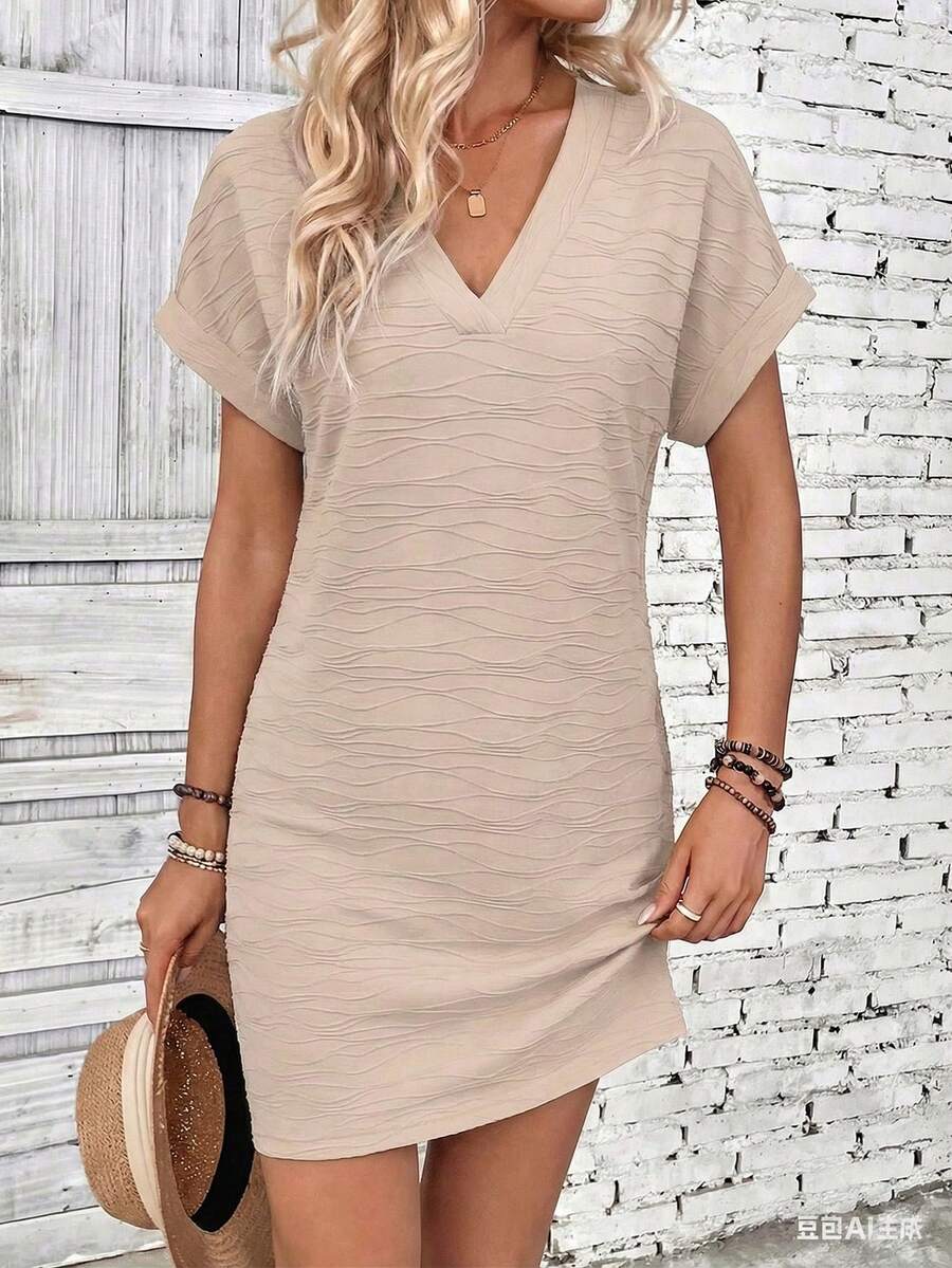 EMERY ROSE Đầm nữ cổ chữ V, kiểu dáng thường ngày, đa năng. - Màu Khaki - Xem 1