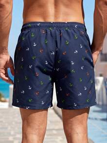 Horizaway Calções de praia masculinos com estampa de âncoras, cintura ajustável com cordão e bolsos inclinados, perfeitos para férias de verão na praia. - Azul - Ver 2