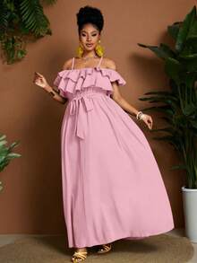 Maweii Plus Size Elegant Solid Color Ruffle Off-Shoulder Waist Tie Dress, Summer Holiday Dusty Pink - Pink - View 4