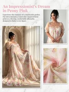 Elenzga Plus Size Women Elegant Woven Double Layer Embroidered Floral Sheer Bubble Short Sleeve Dress Fairy Gown For Women Beautiful Dresses For Plus Size Woman - Apricot - View 4