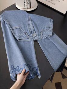 GlowEve 女士休闲日常蝴蝶结刺绣斜插口袋牛仔裤 - 藍色 - 查看 2