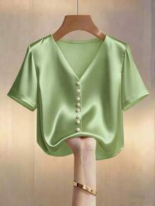 Women's Solid V-Neck Satin Pearl Button Fitted Elegant Short Sleeve Blouse - Green - View 4