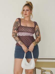 Arliah 2025 Nueva Moda Otoño/Invierno Blusa de Verano para Mujer con Encaje Contrastante y Estampado de Lunares, Tirantes Anchos. Blusa de Verano, Navidad, Año Nuevo, Fiesta, Playa, Elegante y Casual para Vacaciones - Marrón - Ver 3