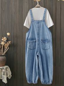 EMERY ROSE Mature Denim Bộ quần yếm denim dáng rộng, thoải mái, có túi cài nút dành cho nữ. - Rửa nhẹ - Xem 2