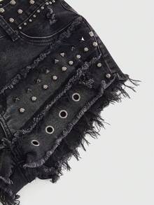 ROMWE Grunge Punk 女士Y2K复古亚文化做旧串珠装饰破洞紧身牛仔短裤 - 黑色 - 查看 4