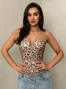 SHEIN Glamour 女士豹纹V领抹胸连体衣，性感节日装扮 - 黃色 - 查看 4