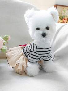 PETSIN 1件刺绣可爱泰迪熊图案条纹宠物蓬蓬裙，猫狗通用服装，公主风薄款套头连衣裙 - 黑白條紋 - 查看 7
