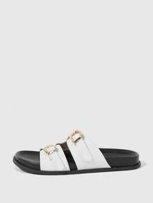 HighSole Ladies Fashion Wide Thickened White Double Buckle Casual Home Flat Sandals - White - View 2