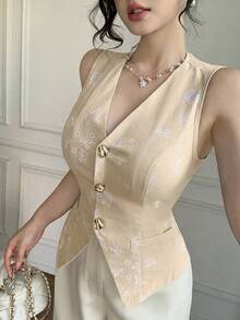 Celisse Áo kiểu nữ mới, thời trang, thanh lịch, không tay, cổ chữ V, thiết kế thêu. - Màu be - Xem 1