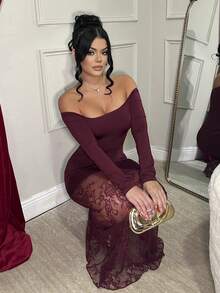 Dayanna Comas Women's Elegant Romantic Date Sexy Party Black Off Shoulder Long Sleeve Lace Waist Tight Asymmetrical Hem Lace Patchwork Maxi Dress, Autumn,Party Dresses For Women,Christmas Party Dress,Red Dresses For Women,Christmas Dresses For Women - Burgundy - View 5