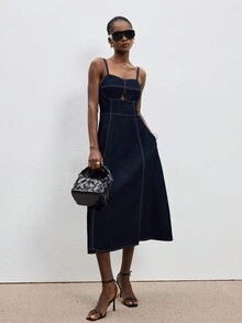 ATUI Studio 女士夏季休闲镂空口袋吊带牛仔连衣裙 - 藏蓝色 - 查看 6