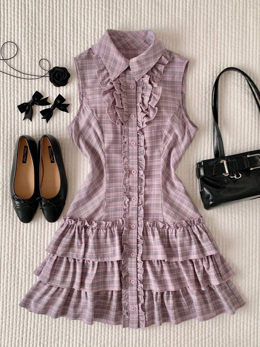 Comfortcana Đầm ngắn không tay cài cúc phía trước, họa tiết kẻ caro, viền bèo nhún, phong cách thường ngày, dành cho nữ, mùa hè. - Nhiều màu - Xem 1