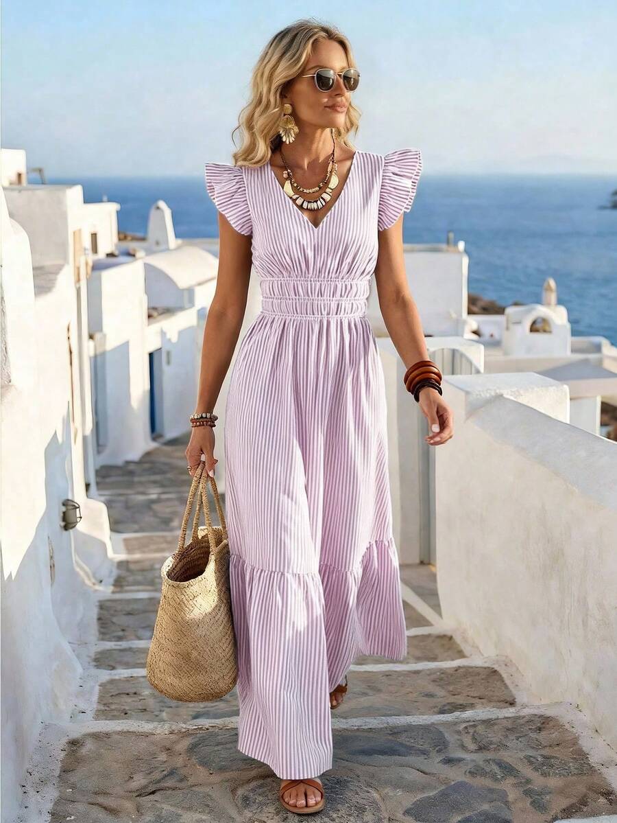 SHEIN Holidaya 女士V领叶边条纹修身A字连衣裙，适合春夏穿着，休闲度假时尚连衣裙，条纹连衣裙，春夏服装，外套，蓝白条纹连衣裙 - 紫色 - 查看 1