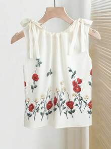 Franclia Áo tank top nữ cổ tròn xoắn họa tiết hoa, kiểu dáng thường ngày, thích hợp cho mùa hè. - trắng - Xem 2