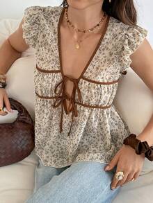 Women's Summer Casual Retro Ditsy Floral Tie Front Ruffle Hem Blouse - Multicolor - View 3
