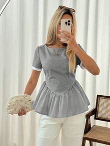 Easowa Maglietta a peplum con stampa a righe, casual per vacanze e pendolarismo, outfit estivo da donna, abbigliamento casual - Bianco e nero - Visualizzare 4