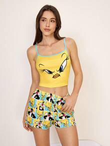LOONEY TUNES X SHEIN Bộ đồ ngủ nữ in hình hoạt hình, gồm áo hai dây và quần short. - Nhiều màu - Xem 3