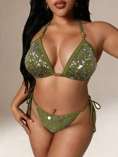 Auralis Bộ bikini gợi cảm buộc dây cổ màu trơn đính sequin dành cho nữ cỡ lớn