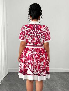 SHEIN Elenzya Plus Size Floral Print Short Sleeve Casual Dress - Red - View 2