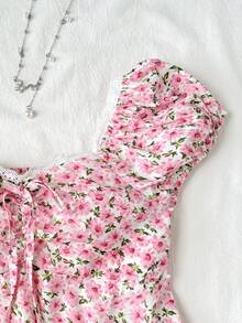 Tween Girls Floral Lace Trim Shirred Printed Blouse, Casual Vacation French Short Sleeve Shirt - Pink - View 5