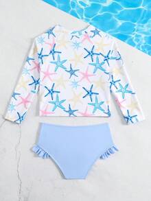 SHEIN 女童吊带泳衣，可爱浅蓝色针织面料，海星印花长袖吊带泳衣，时尚休闲优雅，适合游泳、夏季度假、海滩、泳池、节日派对 - 藍色 - 查看 2