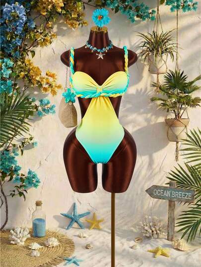 Amplova 1pc Women's Linen Detail One-Piece Swimsuit, Linen Rope Jumpsuit Suitable For Beach Vacation, Daily Wear, Sexy, Cute, Elegant New Arrival, Bright Color Gradient