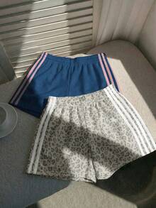 Comfortcana 2件組女款夏季休閒健身短褲，海軍藍底色配粉色緞帶與灰色豹紋針織拼接，寬鬆日常百搭簡約風 - 彩色 - 查看 5