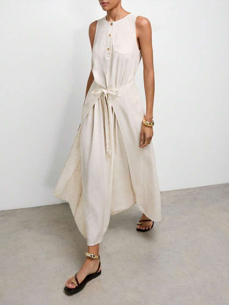 SHEIN Maija Women's Casual Solid Color Sleeveless Tie-Up Wrap Long Dress, Summer