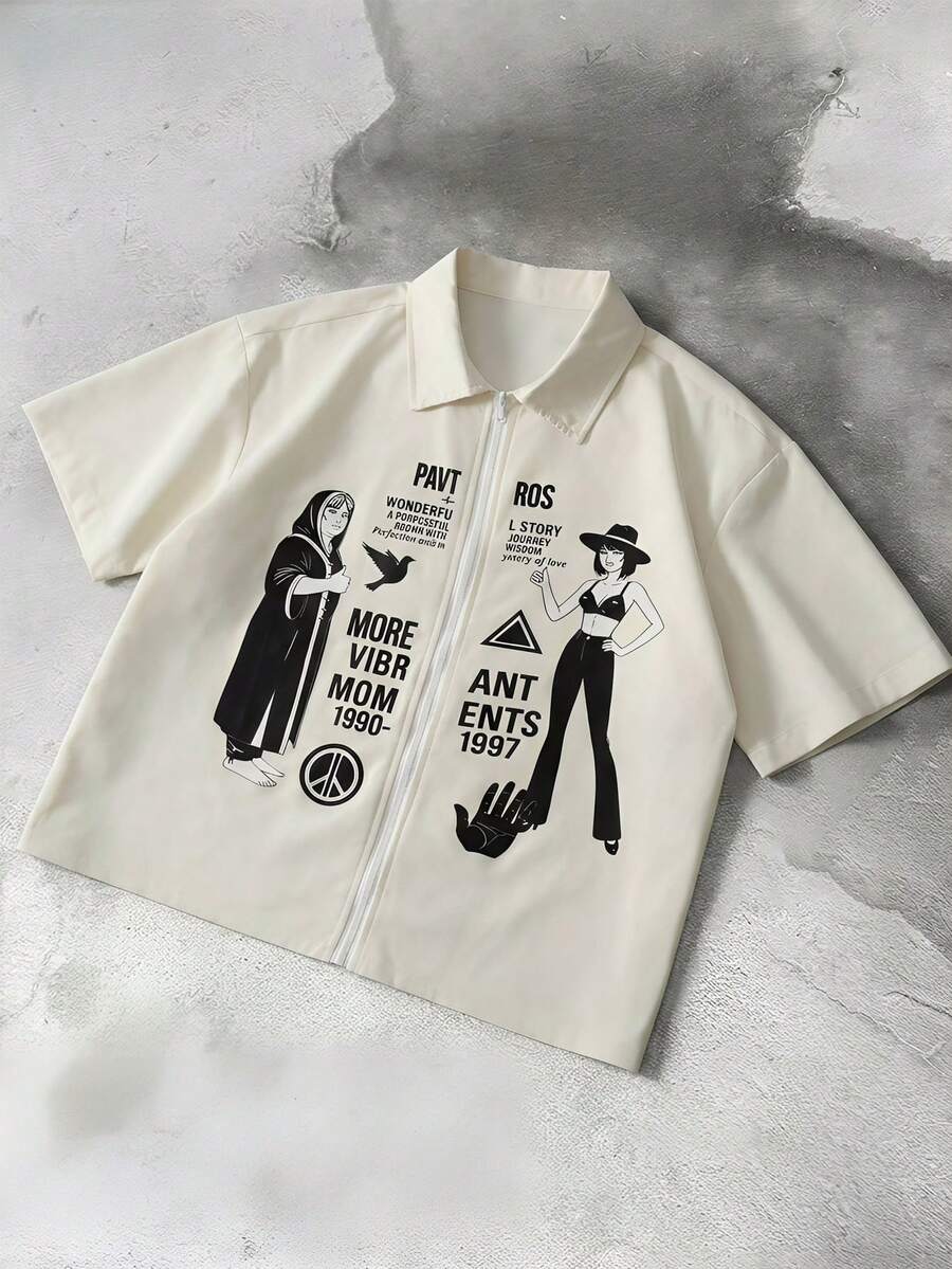PAVTROS Men's Zipper Letter & Figure Print Casual Versatile Daily Wear Shirt - Beige - View 1