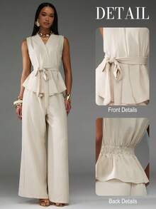 Normani Women's Casual Elegant Loose V-Neck Sleeveless Tie Waist Elastic Waist Straight Leg Pants Two Pieces Set, Beige, Suitable For Daily Commute, Summer Pant Suit Summer Sets Working Dress For Women Women's Tall Clothing Women's Work Clothes For The Office Yatch Outfit Women Work Outfits Women - Apricot - View 8