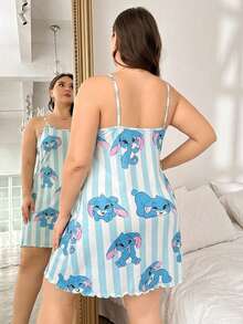 Dream Adore Plus Size American Casual Red Striped Print Knit Camisole Nightgown - Multicolor - View 2