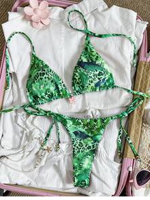 Swim Mod 女士随机印花露背金属饰品比基尼套装，春夏款 - 彩色 - 查看 3