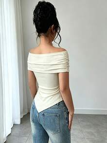 SHEIN Raffinéa Áo croptop trễ vai có dây rút in họa tiết hoa tulip, áo thun ôm dáng bất đối xứng dành cho nữ, mùa hè. - Màu be - Xem 2