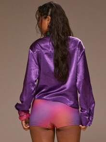 MUSERA 宽松系带缎面长袖衬衫，少女风春夏度假夜出可爱场合金色沙滩 - 紫色 - 查看 4