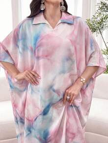 SHEIN Najma Đầm ngắn tay dáng rộng nhuộm tie-dye có cổ, thích hợp cho mùa xuân/hè. - Nhiều màu - Xem 3