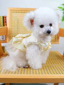 PETSIN 1 pieza Vestido de lujo para mascotas (gatos/perros) con estampado de cuadros en color dorado champán, decorado con rhinestones y grandes lazos en estilo princesa para perros pequeños - Champán - Ver 9