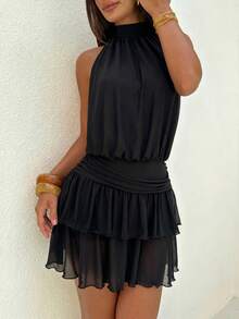 Aloruh 女士性感优雅露背褶皱荷叶边迷你连衣裙 - 黑色 - 查看 4